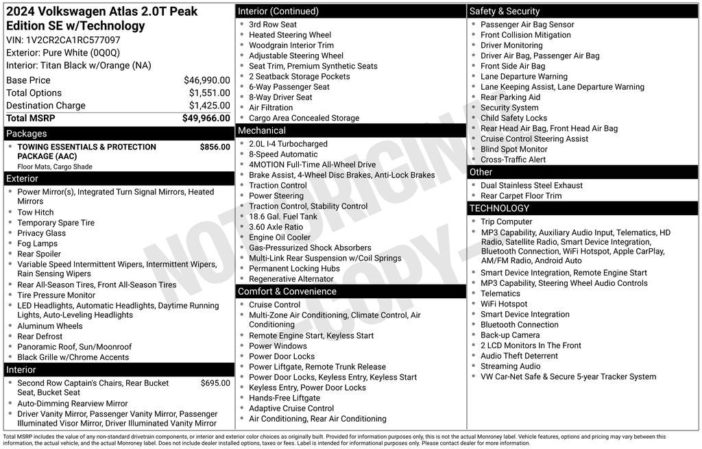 2024 Volkswagen Atlas 2.0T Peak Edition SE w/Technology