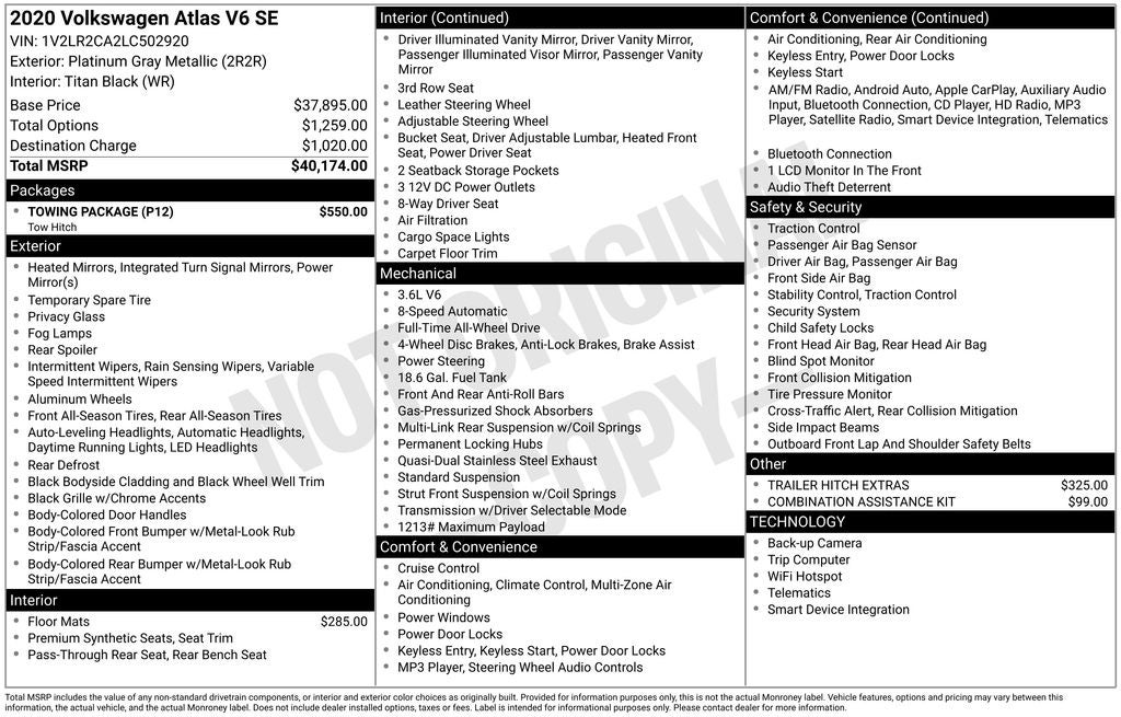 2020 Volkswagen Atlas 3.6L V6 SE 4Motion