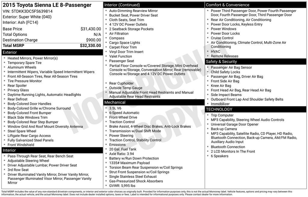 2015 Toyota Sienna LE 7 Passenger