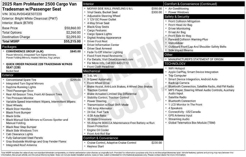 2025 RAM ProMaster Cargo Van Cargo Van Tradesman High Roof 159' WB w/Pass Seat